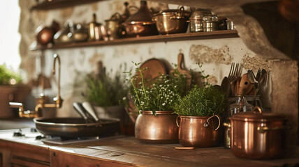 a close-up photograph of a rustic french farmhouse kitchen, with copper cookware, fresh herbs, and h