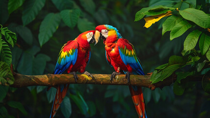 A pair of colorful macaws perched on a branch in the heart of the Amazon rainforest, their vibrant plumage contrasting, capturing the diversity of wildlife in a tropical ecosystem