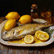 Gourmet food : freshwater silver carp  fish boiled and served with lemon juice, olive oil and fragrant rosemary herb, vintage style illustration