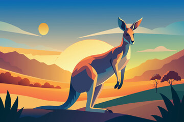 A kangaroo is standing in a field with mountains in the background