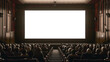© Mikhail - White, blank big cinema screen for mock up, in a movie theater filled with an audience