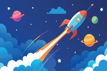 Wall Mural - a colorful rocket is flying through the sky above a group of planets