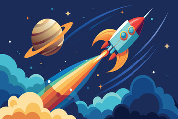 Wall Mural - a colorful rocket is flying through space with a planet