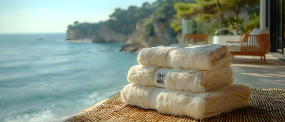 color soft cashmere blankets stacked in the center,  the blankets, restaurant summer terrace against the background of the sea, rattan furniture, Places to visit and relax the summer at the beach