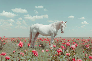 Wall Mural - pink pony in a rose field, blue sky, minimalistic bright and airy photography