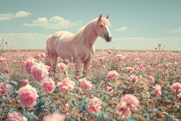 Wall Mural - pink pony in a rose field, blue sky, minimalistic bright and airy photography