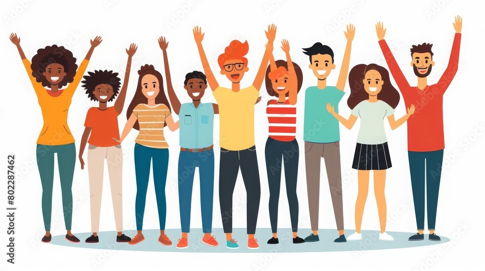 Group of happy people standing together, waving and inviting new ...
