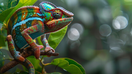  A chameleon clinging to a branch, its vibrant colors blending seamlessly with the foliage around it