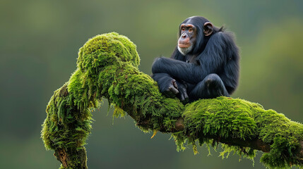 A chimpanzee perched atop a moss-covered branch