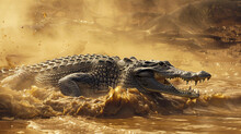 A Crocodile Basking On The Banks Of A Murky River