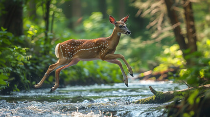 Poster - A deer gracefully leaping over a babbling brook, its powerful form and elegant antlers framed by the lush greenery of the forest