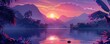 © Tikka MS - illustration Purple pink color sunset evening nature outdoor lake with mountains landscape background wallpaper