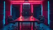 © Doni_Art - modern podcast studio with table and microphone, neon lights, purple pink blue colors.