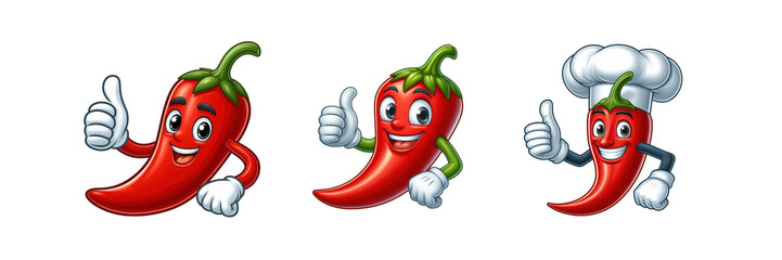 Wall Mural - Set of red chili cartoon with thumb up vector illustration, isolated over on transparent white background 