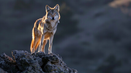 Wall Mural - A lone wolf standing proudly on a rocky outcrop, its silvery fur blending seamlessly with the moonlit landscape