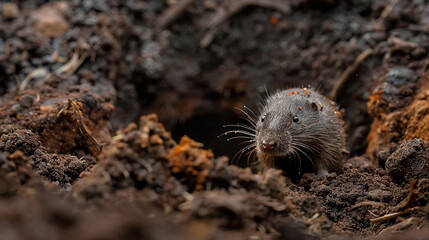 Wall Mural - A mole burrowing through rich, dark soil, its velvety fur glistening with earth