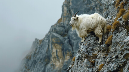 Wall Mural - A mountain goat perched precariously on a rocky cliff, its shaggy coat blending seamlessly with the rugged terrain