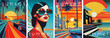 Stylish vector art series of summer posters with vibrant sunset scenes, classic cars, and a fashionable woman wearing sunglasses. Illustrations for card, poster, banner, flyer, brochure or background.