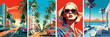 Retro-styled vector summer posters featuring vibrant cityscapes, a stylish woman, and exotic beach scenes.  Illustration for card, poster, banner, flyer, brochure or background.