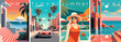 Colorful series of summer travel posters featuring beautiful coastal scenes, vintage cars, and a stylish woman in sunglasses