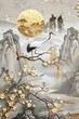 Grey and gold colored wallpaper with a crane bird on a willow tree branch with blooming flowers.