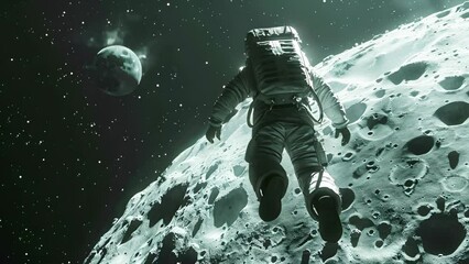 Wall Mural - A man in a spacesuit is floating in space above a rocky surface. Concept of adventure and exploration, as the astronaut is venturing into the unknown