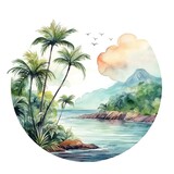 Fototapeta Natura - A painting of a tropical beach with palm trees. Watercolor round illustration