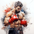 Dynamic watercolor portrait of a determined boxer ready to fight, splashes intensifying the action