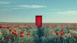 A red door stands in the middle field of poppies.