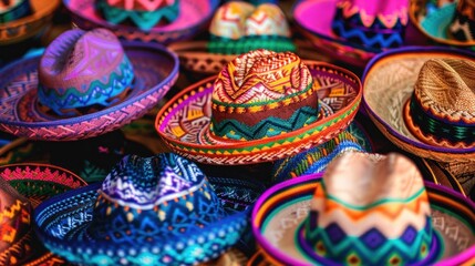 Colorful Mexican sombrero souvenirs for sale in Yucatan, Riviera Maya, Latin America. Mexico travel background