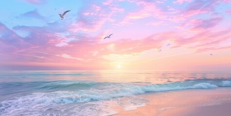 Wall Mural - Colorful sky with seagulls flying over the beach at sunset.