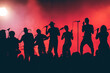 Concert. Festival rock together singing people group unrecognizable musicians silhouettes stage concert playing band music silhouette light song.