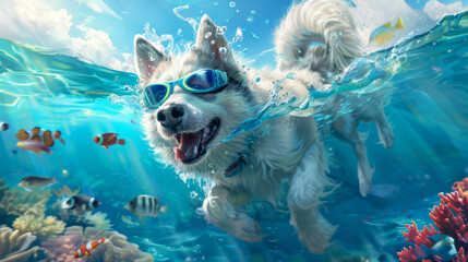 Funny dog swimming and diving in the sea beach on summer vacation holidays travel concept.