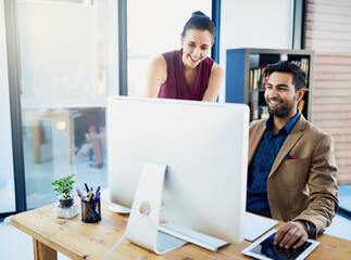 Wall Mural - office, people and consult with computer for teamwork in company with collaboration for web design. 