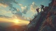 Two hikers helping each other climb on the mountain top against sunset sky with clouds and beautiful landscape