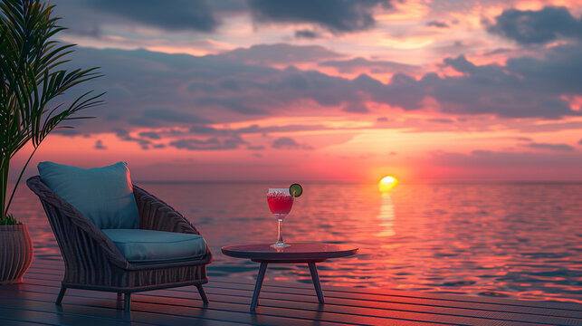sunset view over the sea, terrace with armchair and cocktail on the table