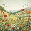 Serene watercolor landscape of a blooming meadow with hills, flowers, and a clear sky painted in vibrant colors and artistic strokes