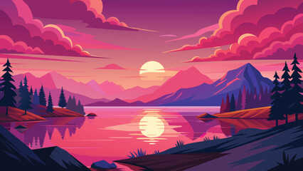Wall Mural - Majestic purple sunset over mountain lake vector cartoon illustration. Serene twilight with vibrant colors and reflection on water.