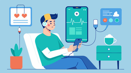 Wall Mural - A patient using a biofeedback app on their phone to track their progress and connect with their the between ketamine sessions..