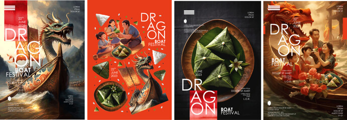 Vibrant Dragon Boat Festival posters showcasing traditional dragon boats, cultural activities, and family celebrations. Illustration for card, poster, banner, flyer, brochure or background.