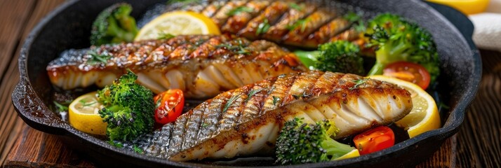 Wall Mural - A pan of fish with tomatoes, lemon slices and broccoli is served on a wooden table. The fish is cooked and seasoned, and the vegetables are fresh and colorful