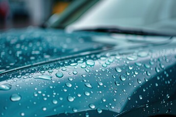  Raindrops on the hood and glass surface of an car.