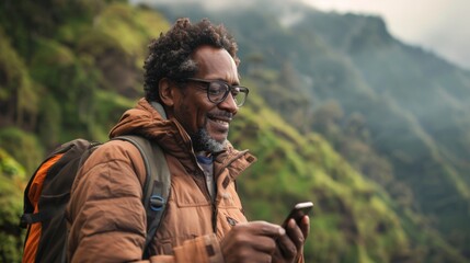 Wall Mural - Smiling Hiker Using Smartphone