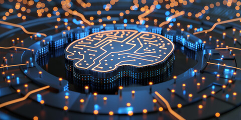 Wall Mural - neural circuit and electronic cyber brain in a quantum computing system, concept of artificial intel