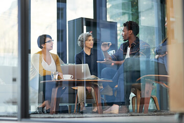 Wall Mural - Glass wall, laptop and business people in meeting, planning and conversation with ideas in office. Group, staff or employee with computer, brainstorming or cooperation with creative agency or choice