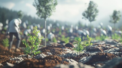 Sustainable Agriculture: Planting Seedlings in a Field, soft-focus scene of workers planting seedlings in a fertile field, symbolizing hope and growth