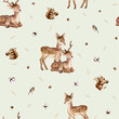 Watercolor seamless pattern with deer and squirrel forest animals and hazelnut. Cute childrens repeat wallpaper muted colored. Flowers and leaves isolated on background. Hand painted illustration