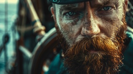 Wall Mural - Close-up portrait of a bearded male captain with a mustache in a sailboat