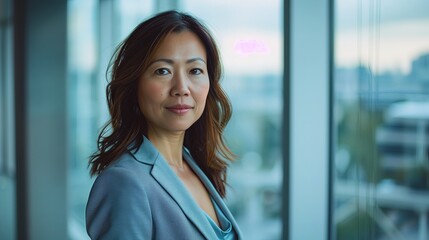 Wall Mural - Portrait of mature Asian businesswoman, smiling confidently, successful and experienced, one woman