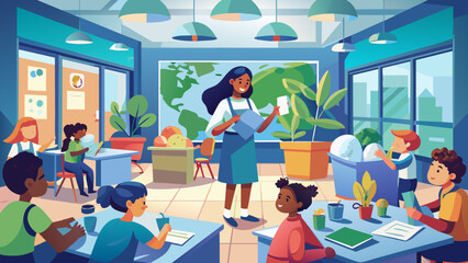 Wall Mural - Cheerful Teacher Interacting with Diverse Students in Colorful Classroom Plastic Bag Free Day